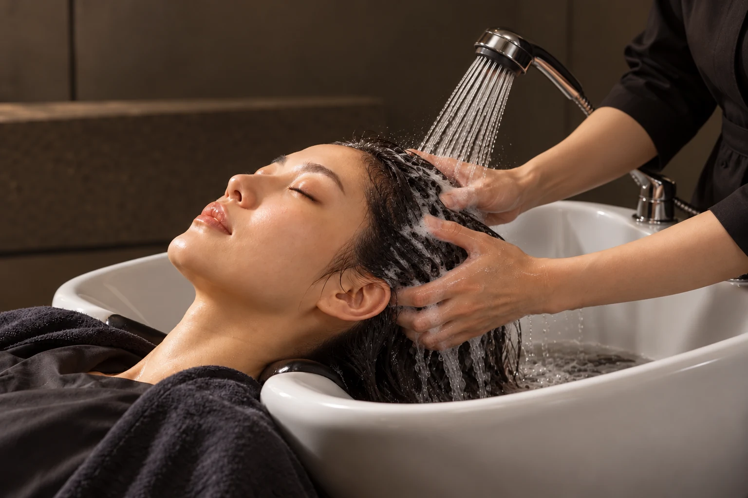 A client receiving a Korean head spa at a ceramic basin